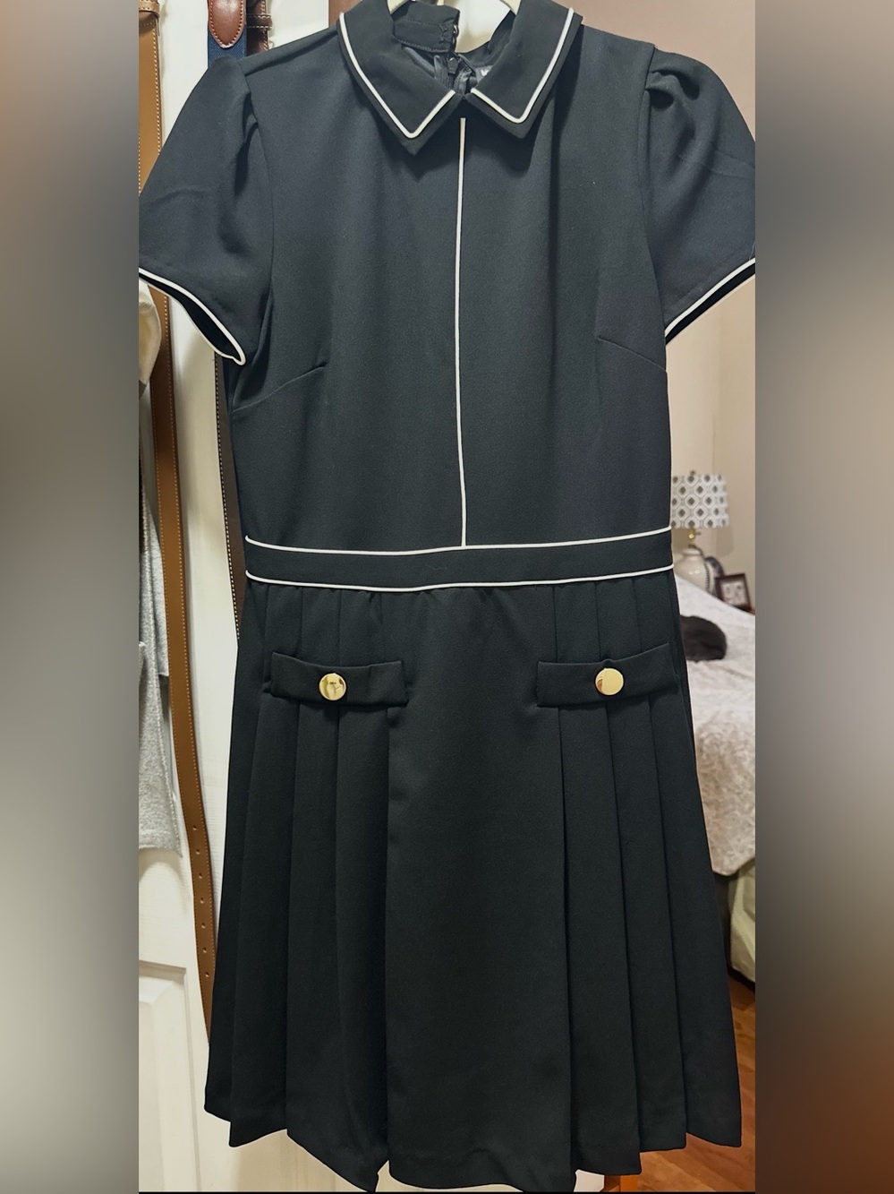 Karl Lagerfeld Black Dress with White Piping and Gold Button Accents